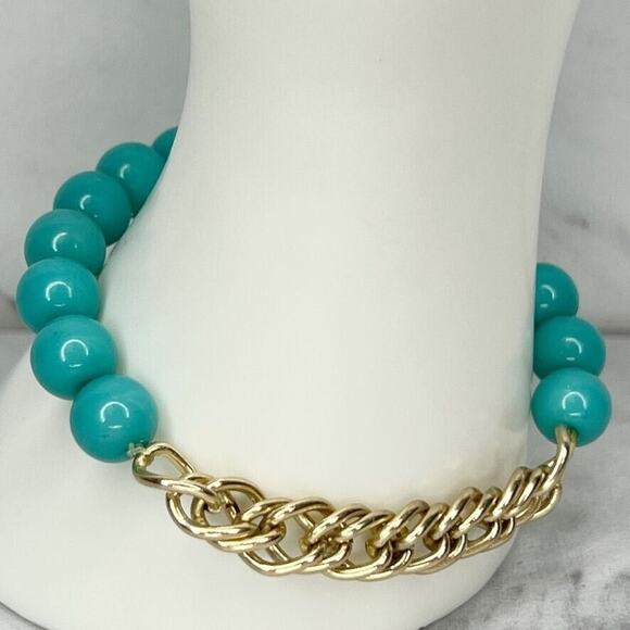 Faux Turquoise Bubble Beaded Gold Tone Chain Stretch Bracelet - Picture 5 of 6